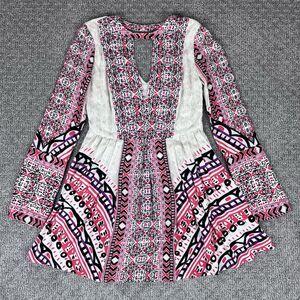 Free People Dress Womens Zero Tegan Border Print Mini V NeckBoho Festival Aztec